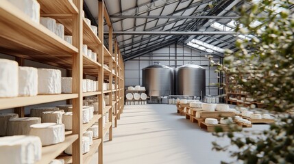 Cheese aging in a large warehouse