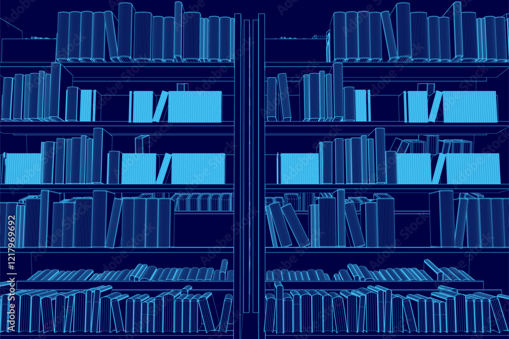 Poster the image is of shelves filled with books, with the shelves being blue. the books are arranged in a 