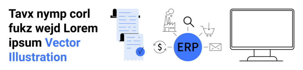 Text block, documents with graphs, ERP-related icons shopping cart, currency, people , large monitor. Ideal for ERP systems, business workflows, financial management, e-commerce, team collaboration