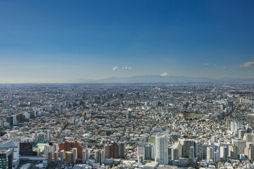 Obraz premium 東京都庁展望台から見た眼下に広がる街並みと遠くにそびえる富士山