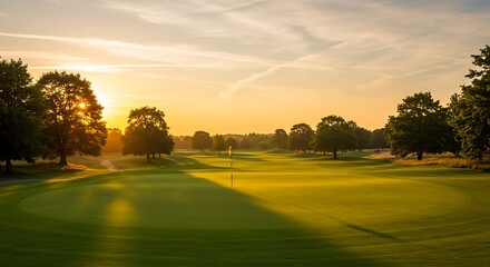 : Beautiful golf course with green fairway and flag on the side, golden hour lighting, beautiful sky, trees in the background, wide shot