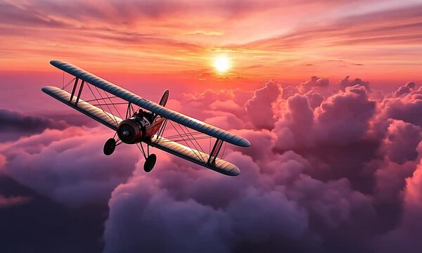 Vintage biplane soaring through colorful clouds at sunset, evoking a sense of adventure and freedom