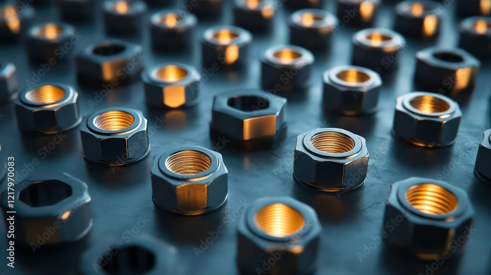 Poster Close-up of many metallic nuts arranged in rows on a dark surface, illuminated from below.