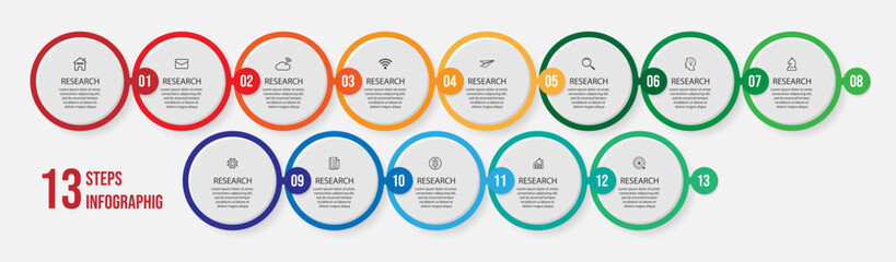 Business Infographic Template Design. Timeline with 13 marketing steps, options and icons. Vector linear infographic with eleven connected elements. Can be used for presentations in your business.