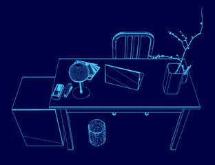 Blue drawing of a desk with a chair and a vase of flowers. The desk is cluttered with various items such as a laptop, a cell phone, a book, and a cup. The chair is positioned in front of the desk