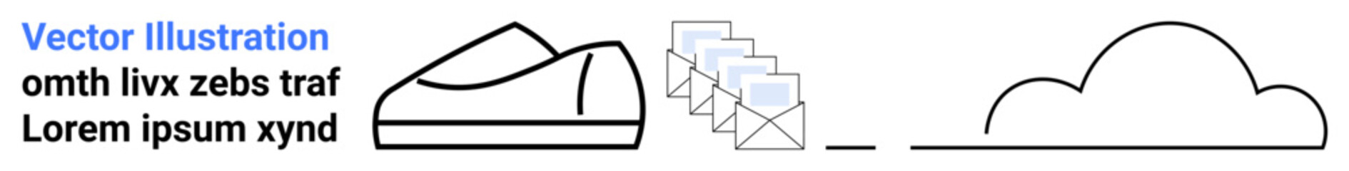 Shoe icon, a stack of envelope icons, and a cloud outline. Ideal for digital communication, cloud technology, email services, modern design, simple illustrations, vector graphics, user interface