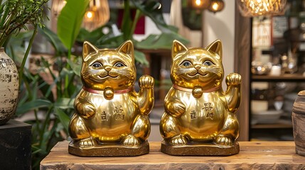 A pair of symmetrically posed golden Maneki Neko figurines a traditional Japanese lucky charm sitting on a wooden display table  The figurines are shiny and ornate representing prosperity