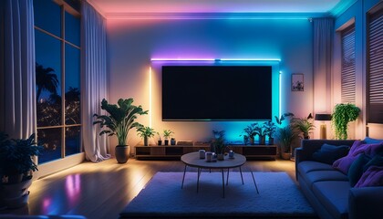 cozy living room at night with vibrant lighting tv screen plants and party decorations