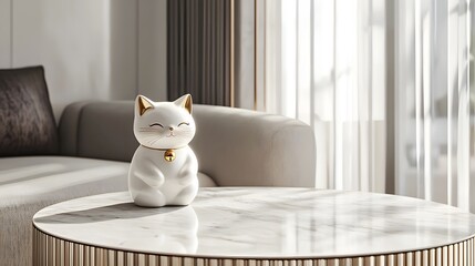 A serene and contemporary image featuring a smooth white Maneki Neko cat figurine with gleaming golden accents sitting atop a polished marble table in a modern minimalist interior setting