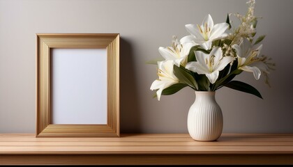 una mesa de madera y un porta retrato elegante o marco vacio sobre una pared con un jarron con un ramo de flores elegantes