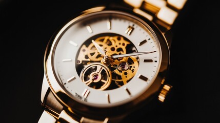 Fototapeta premium Elegant Gold Skeleton Watch with White Dial