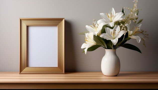 una mesa de madera y un porta retrato elegante o marco vacio sobre una pared con un jarron con un ramo de flores elegantes