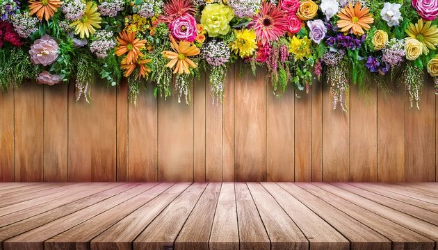 una mesa o muro de madera con flores coloridas como decoraciones con unas arras de boda diseno de plantilla para celebracion