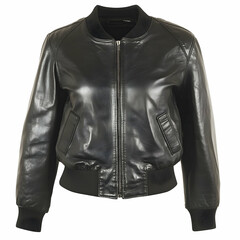 Black leather bomber jacket, studio shot, clothing fashion