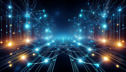 Obraz premium futuristic cyber technology background depicting neural network concept with glowing nodes and data pathways