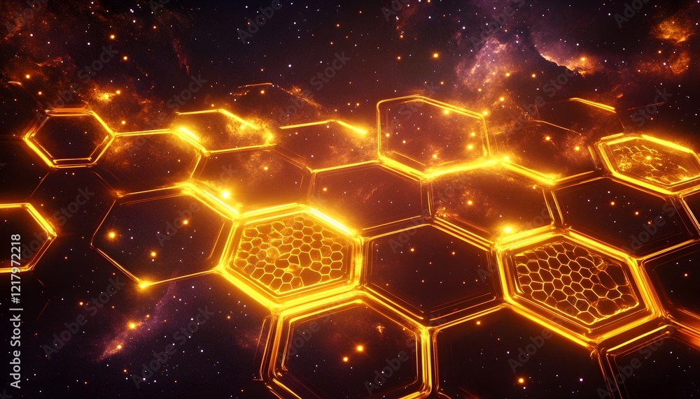Poster glowing hexagonal network against starry background