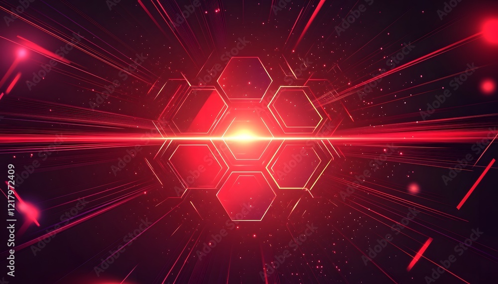 Poster abstract red hexagon light speed lines design