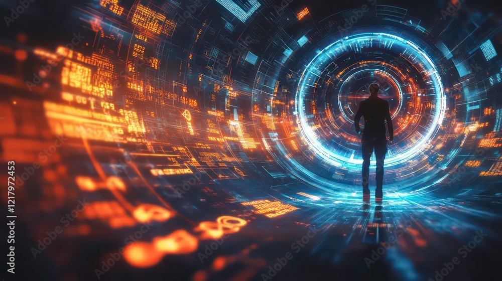 Fototapete Silhouetted person stands in futuristic digital tunnel, surrounded by glowing data streams and circular interface.