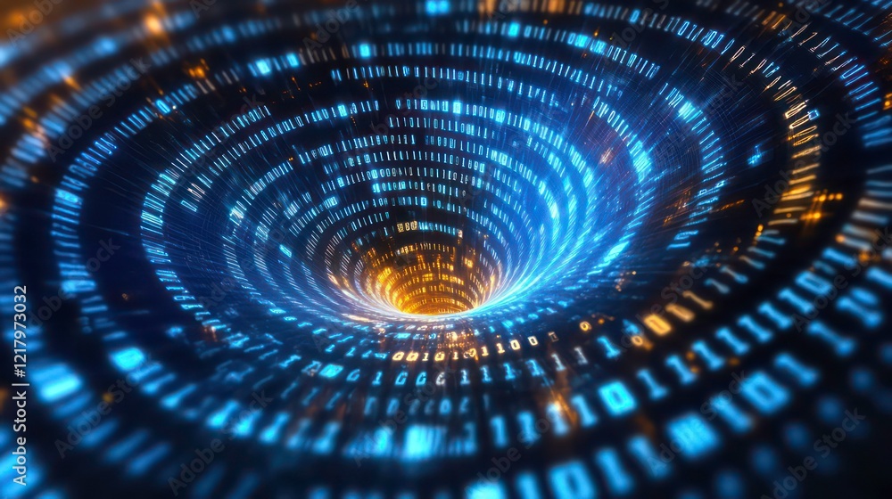 Poster Abstract digital vortex of binary code swirling into a glowing tunnel.
