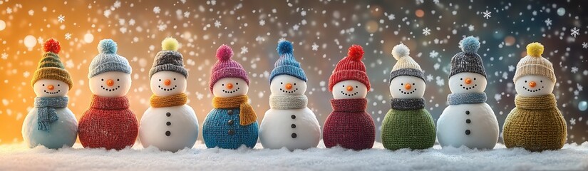 Vibrant Christmas Snowmen Under Heavy Snowfall, Exuberant Colors and Festive Spirits Generative AI 鮮やかなクリスマスの雪だるまが大量の雪の中で立ち並ぶ、色とりどりの帽子とマフラーで喜びがあふれる.Generative AI