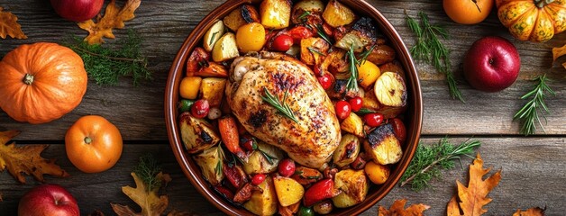 Fototapeta premium A Delicious Roast Chicken Surrounded by Colorful Autumn Vegetables and Fruits on a Rustic Wooden Table with Seasonal Decorations
