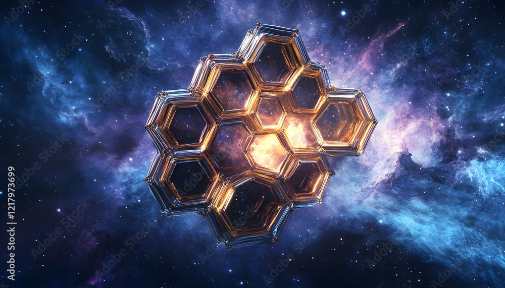 Poster golden honeycomb structure floating through space