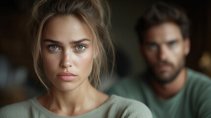 Close-up of a displeased woman in focus, with a man blurred in the background, emotional tension evident.