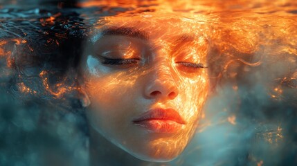 Serene woman's face underwater, illuminated by warm, orange light, contrasting cool teal tones.