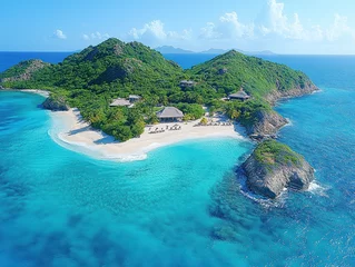 Fleecedeken met foto Aerial view of a tropical island with turquoise water white sand and green hills © uswatun