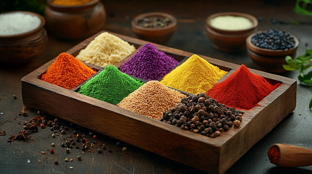 Vibrant Colorful Spices in Wooden Box: Culinary Aromatic Herbs and Seasonings Collection for Food Photography cumin     