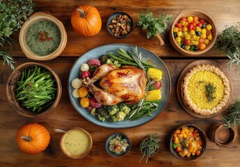 A Festive Thanksgiving Feast with Roast Turkey, Colorful Side Dishes, Fresh Vegetables, and Autumn Decorations on a Rustic Wooden Table for Celebration
