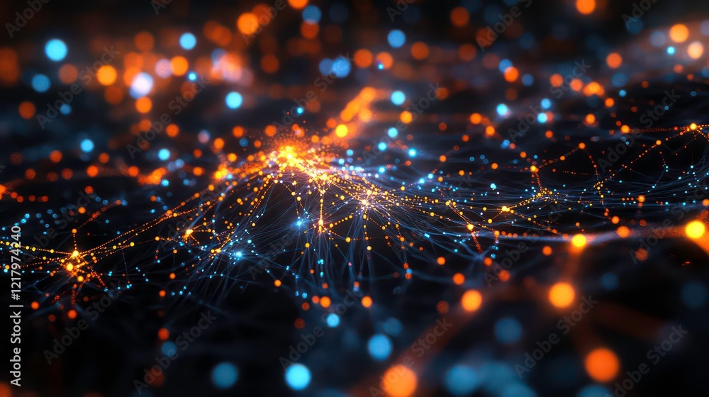 Poster Abstract digital network connection with glowing nodes and lines.