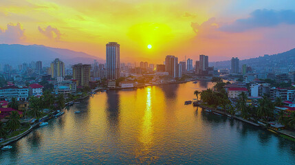 Fototapeta premium Malabo, Equatorial Guinea: Stunning Aerial View of Cityscape at Sunset