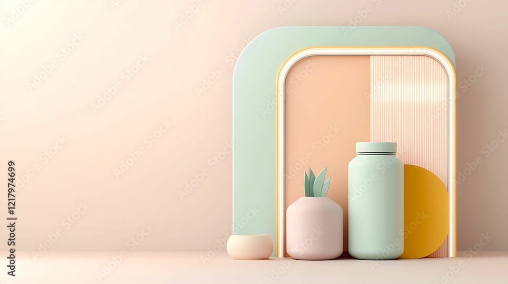 Poster a minimalist display featuring pastel-colored vases and a decorative backdrop in soft tones creates 