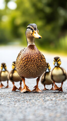 Fototapeta premium A mother duck leads her ducklings down a road, showcasing a charming moment in nature.