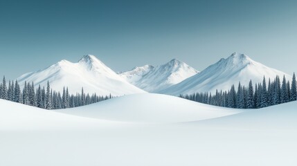 Fototapeta premium Serene Winter Landscape with Snow-Capped Mountains and Pine Trees