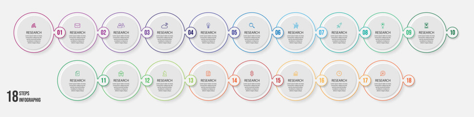 simple infographic vector with 18 interconnected parts, there are icons, numbers and colors that are good for your business