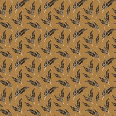  Hand drawn seamless pattern with watercolor branches and leaves in mustard color. Monochrome vintage floral watercolor brawn background. Design for fashion prints, textile