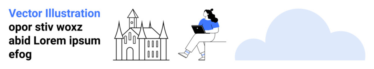 Historical building, woman using laptop, and cloud shape. Ideal for education, online learning, historical studies, technology, digital learning, cloud services, and remote work. Landing page