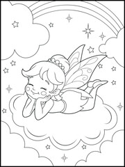 Illustration of a cute fairy cartoon character. Black and white Printable fairy coloring page for kids.