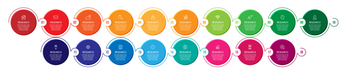 simple infographic vector with 18 interconnected parts, there are icons, numbers and colors that are good for your business