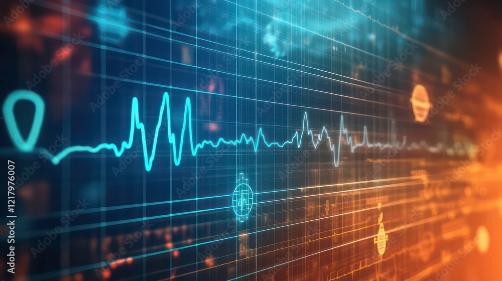 Poster Abstract medical data visualization showing a heartbeat waveform on a digital screen with other health indicators.