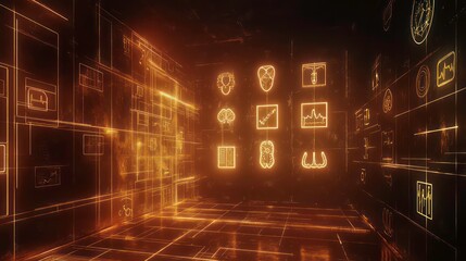 Abstract digital room with glowing health icons.