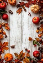 Fototapeta premium Autumn Harvest Decor with Colorful Leaves, Pumpkins, Apples, and Pinecones on a Rustic Wooden Background Perfect for Seasonal Celebrations