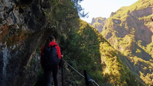 Active woman with backpacks hiking green forest trail path and climbing Madeira Island. Tourist woman enjoying summer vacation 