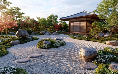 Serene Japanese garden with traditional tea house and zen rock garden at sunset.