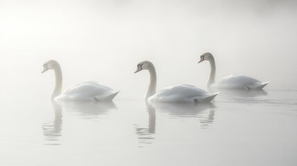 Fototapeta premium Three graceful swans swim in misty water.