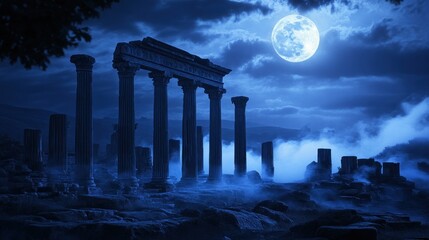 Fototapeta premium Ancient Ruins Under a Mystical Full Moon