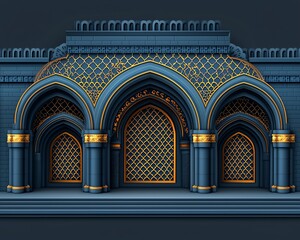 Obraz premium Elegant Islamic architecture with three arched doorways, intricate gold detailing, and dark blue stone facade.