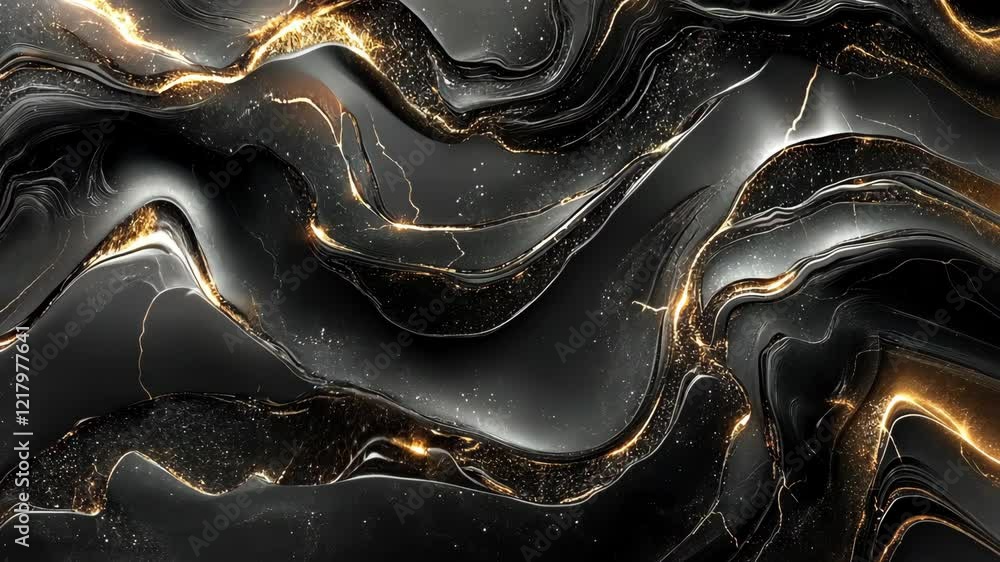 Poster swirling black and gold abstract design with fluid patterns and shimmering accents in a dark composi